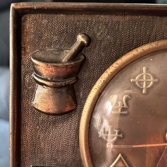 Vintage 1960s KLEIN Desk Clock Pharmacy RX Alchemy Symbols Brass w Dome Glass - Picture 3 of 10